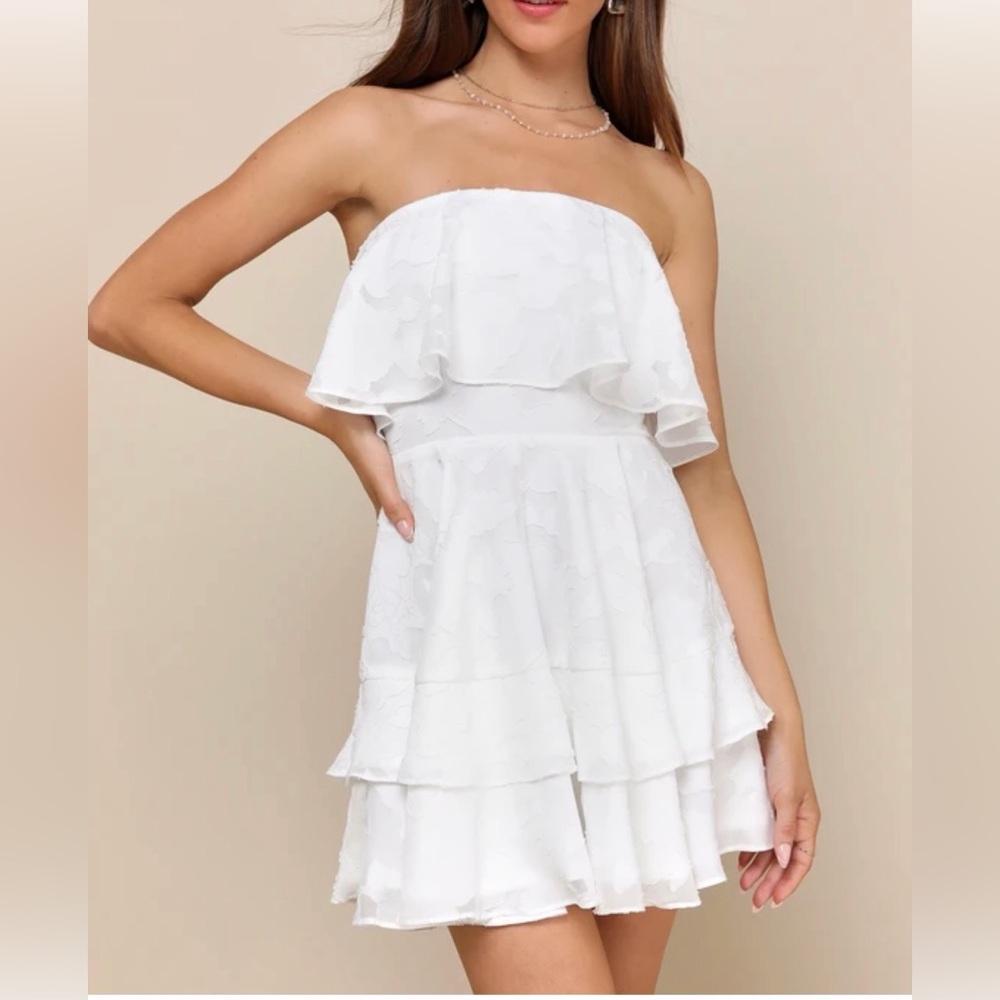 Lulus True Lover White Burnout Floral Ruffled Strapless Dress